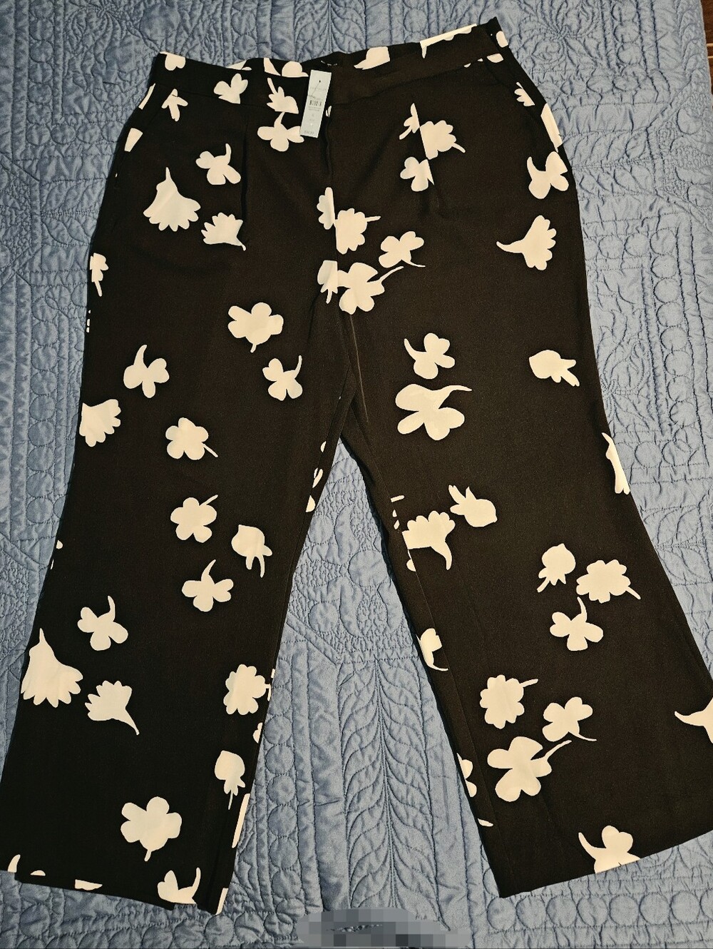 Ann Taylor Factory Floral Wide-Leg Pants Black Ivory 16 Petite NWT